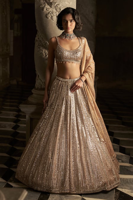 Seema Gujral_Gold Net, Tissue Mirrors, Sequins Round Neck Embroidered Bridal Lehenga Set _Online_at_Aza_Fashions