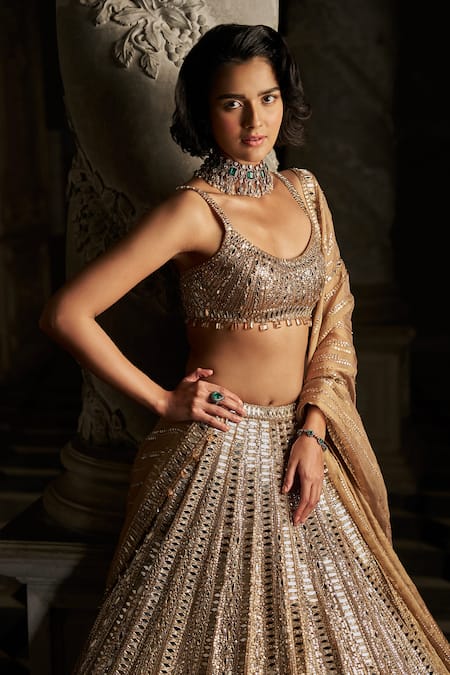 Buy_Seema Gujral_Gold Net, Tissue Mirrors, Sequins Round Neck Embroidered Bridal Lehenga Set _Online_at_Aza_Fashions