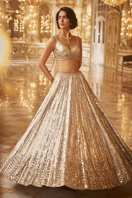 Buy_Seema Gujral_Gold Net Sequins, Crystals And Embroidered Bridal Lehenga Set _Online_at_Aza_Fashions