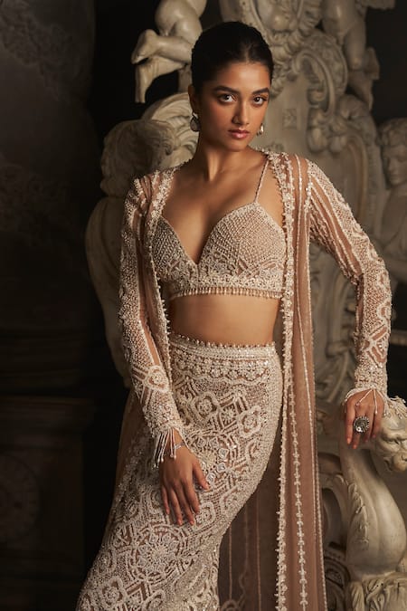 Buy_Seema Gujral_Beige Net Pearls, Sequins, Embroidery Plunge , Open Lehenga Set_Online_at_Aza_Fashions