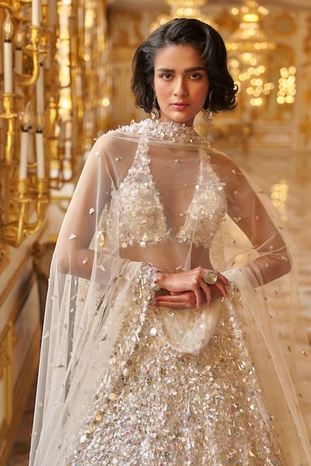 Shop_Seema Gujral_White Net Sequins Halter Neck Embroidered Blouse Lehenga Set _Online_at_Aza_Fashions