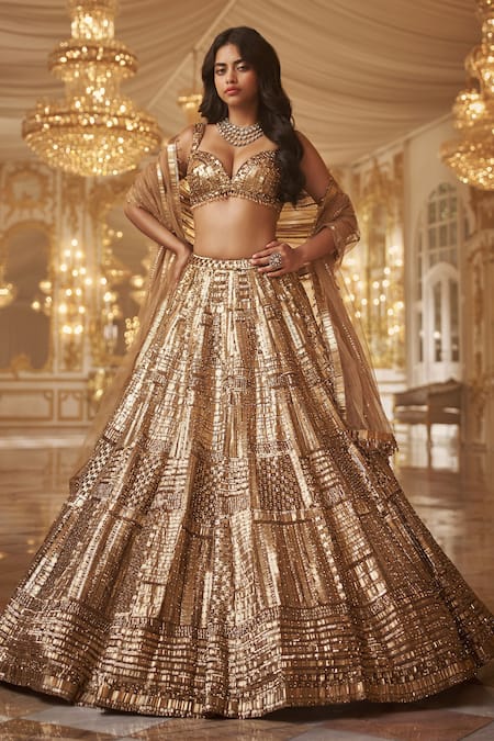 Gold Net Floral Embroidered Lehenga Set Design by Seema Gujral at Pernia's  Pop Up Shop 2024