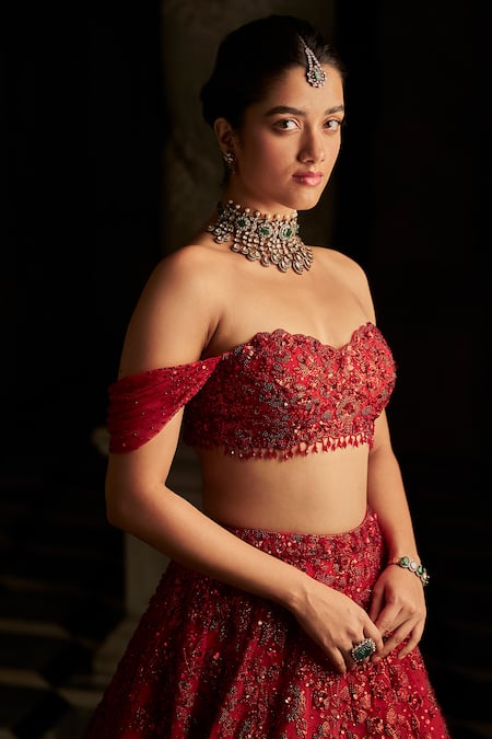 Seema Gujral_Red Net Sequins, Crystals Off-shoulder Embroidered Blouse Lehenga Set_Online_at_Aza_Fashions