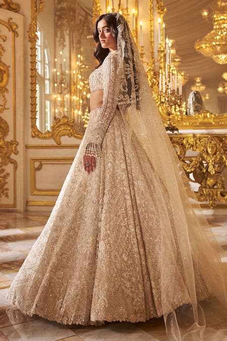 Shop Seema Gujral Ivory Organza Embroidery, Pearls, Crystals Floral Blouse Bridal Lehenga Set at Aza Fashions Shop_Seema Gujral_Ivory Organza Embroidery, Pearls, Crystals Floral Blouse Bridal Lehenga Set _at_Aza_Fashions