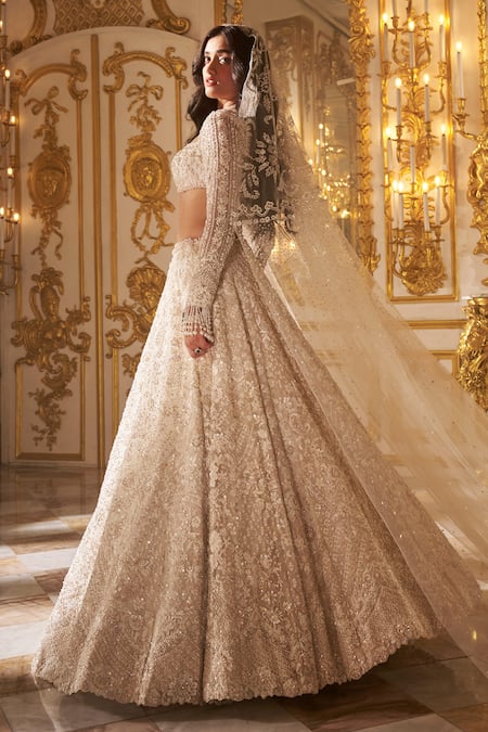 Seema Gujral Ivory Organza Embroidery, Pearls, Crystals Floral Blouse Bridal Lehenga Set at Aza Fashions Seema Gujral_Ivory Organza Embroidery, Pearls, Crystals Floral Blouse Bridal Lehenga Set _at_Aza_Fashions