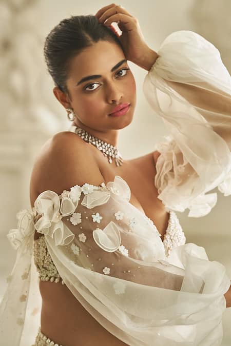 Shop_Seema Gujral_Multi Color Net Pearls, Sequins 3d Embroidered Bridal Blouse Lehenga Set _Online_at_Aza_Fashions