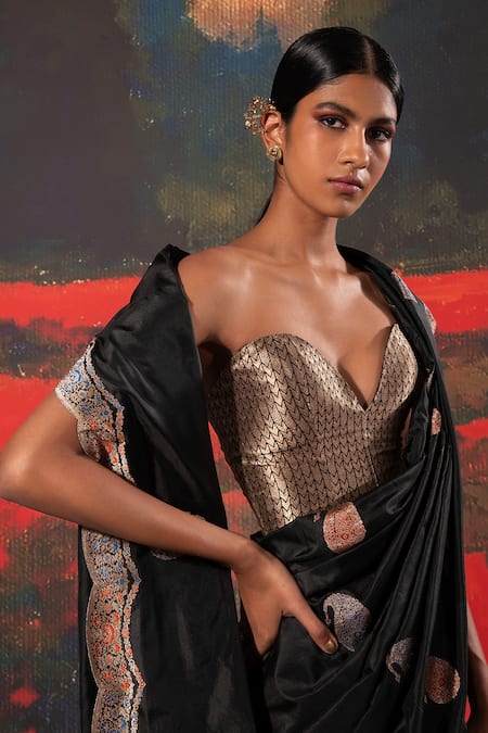 Shop Ekaya Banaras Black Silk Embroidery Handwoven Saree With Unstitched Blouse Fabric at Aza Fashions Shop_Ekaya Banaras_Black Silk Embroidery Handwoven Saree With Unstitched Blouse Fabric _at_Aza_Fashions
