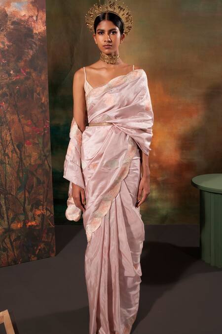 Ekaya Banaras_Gray Silk Embroidery Grey Handwoven Banarasi Saree _Online_at_Aza_Fashions