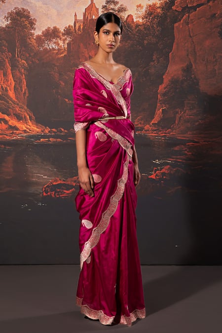 Ekaya Banaras_Purple Silk Embroidery Paisley Handwoven Saree With Unstitched Blouse Fabric _Online_at_Aza_Fashions