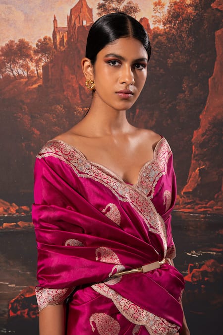 Shop_Ekaya Banaras_Purple Silk Embroidery Paisley Handwoven Saree With Unstitched Blouse Fabric _at_Aza_Fashions