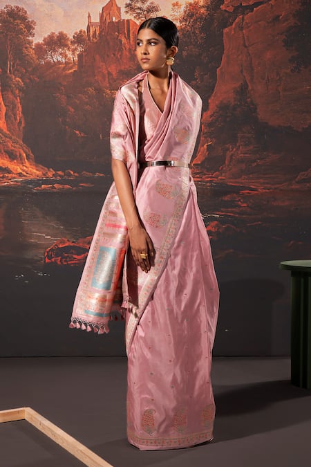 Shop_Ekaya Banaras_Purple Silk Embroidery Handwoven Banarasi Saree With Unstitched Blouse Fabric _at_Aza_Fashions