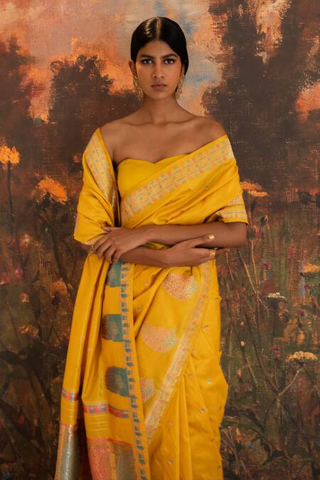 Ekaya Banaras_Yellow Silk Embroidery Handwoven Banarasi Saree With Unstitched Blouse Fabric _Online_at_Aza_Fashions