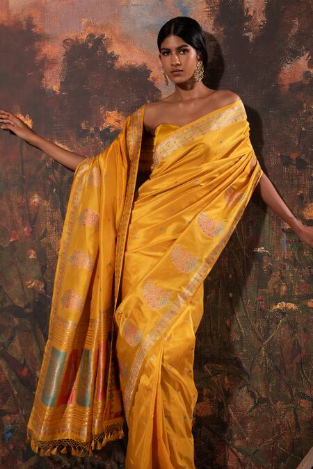 Buy_Ekaya Banaras_Yellow Silk Embroidery Handwoven Banarasi Saree With Unstitched Blouse Fabric _Online_at_Aza_Fashions