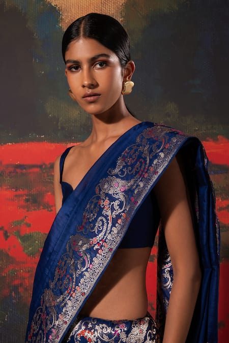 Ekaya Banaras_Blue Silk Paisley Pattern Handwoven Saree With Unstitched Blouse Fabric _Online_at_Aza_Fashions