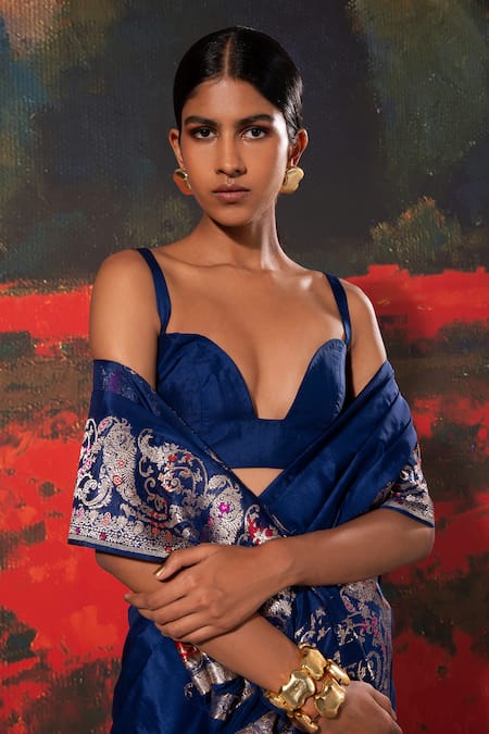 Buy_Ekaya Banaras_Blue Silk Paisley Pattern Handwoven Saree With Unstitched Blouse Fabric _Online_at_Aza_Fashions