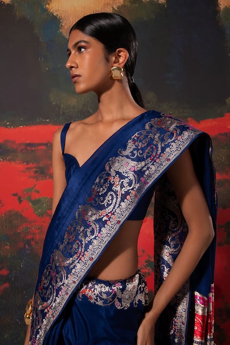 Shop_Ekaya Banaras_Blue Silk Paisley Pattern Handwoven Saree With Unstitched Blouse Fabric _at_Aza_Fashions