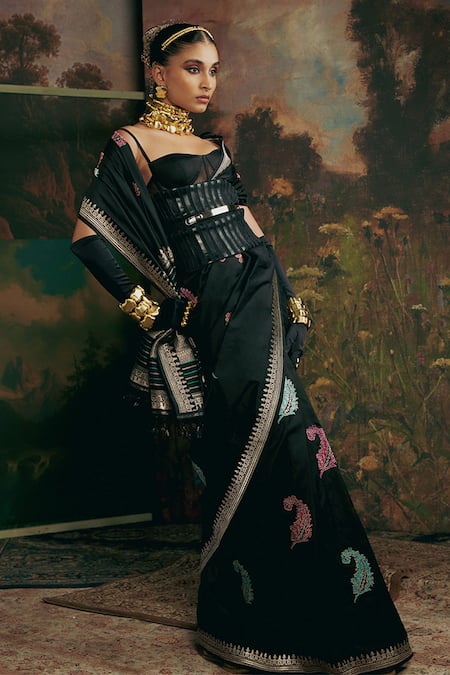 Ekaya Black Silk Banarasi Handwoven Saree With Unstitched Blouse Piece 