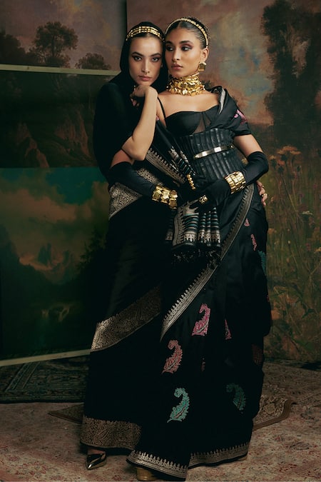 Shop_Ekaya Banaras_Black Silk Embroidery Handwoven Saree With Unstitched Blouse Piece _at_Aza_Fashions