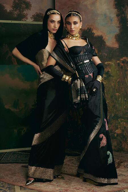 Ekaya Banaras_Black Silk Embroidery Handwoven Saree With Unstitched Blouse Piece _Online_at_Aza_Fashions