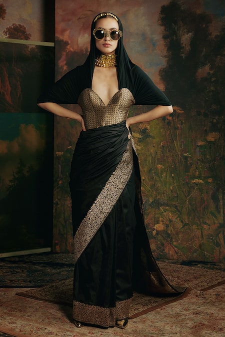 Shop_Ekaya Banaras_Black Silk Handwoven Saree With Unstitched Blouse Piece _at_Aza_Fashions