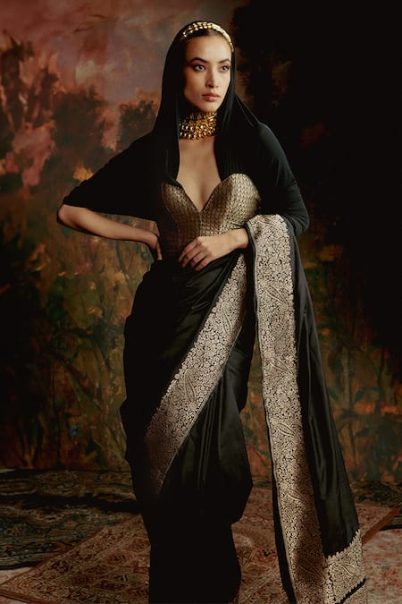 Buy_Ekaya Banaras_Black Silk Handwoven Saree With Unstitched Blouse Piece _Online_at_Aza_Fashions