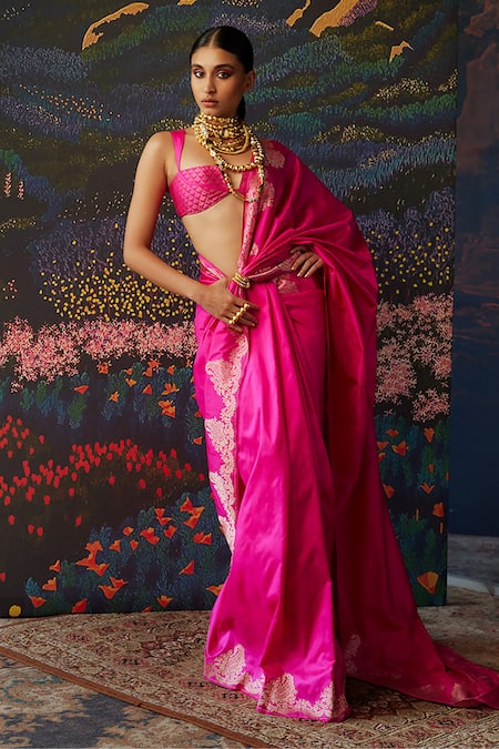 Shop_Ekaya Banaras_Pink Silk Embroidery Handwoven Banarasi Saree _at_Aza_Fashions