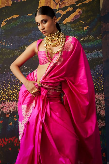 Ekaya Banaras_Pink Silk Embroidery Handwoven Banarasi Saree _Online_at_Aza_Fashions