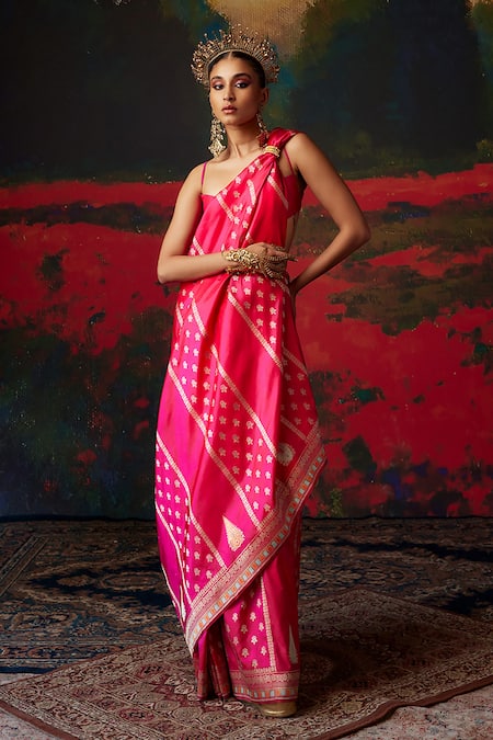 Ekaya Pink Silk Banarasi Handwoven Saree With Unstitched Blouse Fabric  