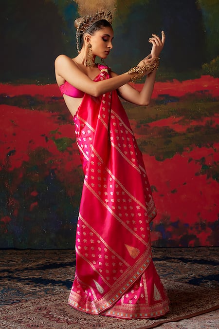 Shop_Ekaya Banaras_Pink Silk Embroidery Banarasi Kadhwa Saree _at_Aza_Fashions
