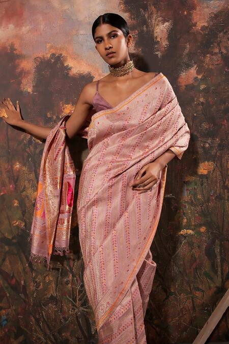 Ekaya Banaras_Purple Silk Floral Motifs Handwoven Saree With Unstitched Blouse Fabric _Online_at_Aza_Fashions