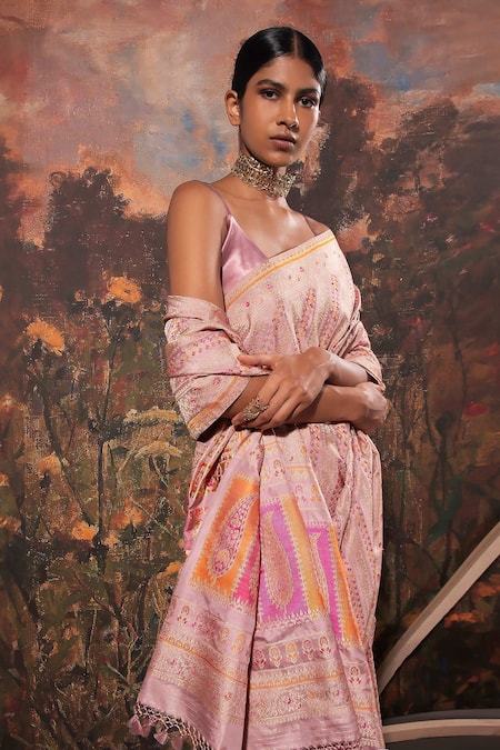 Shop_Ekaya Banaras_Purple Silk Floral Motifs Handwoven Saree With Unstitched Blouse Fabric _at_Aza_Fashions