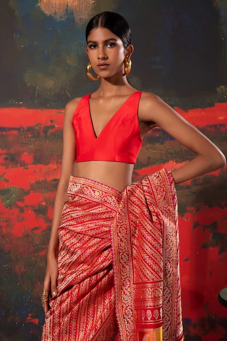 Shop_Ekaya Banaras_Red Silk Banarasi Kadhwa Floral Motifs Saree With Unstitched Blouse _at_Aza_Fashions