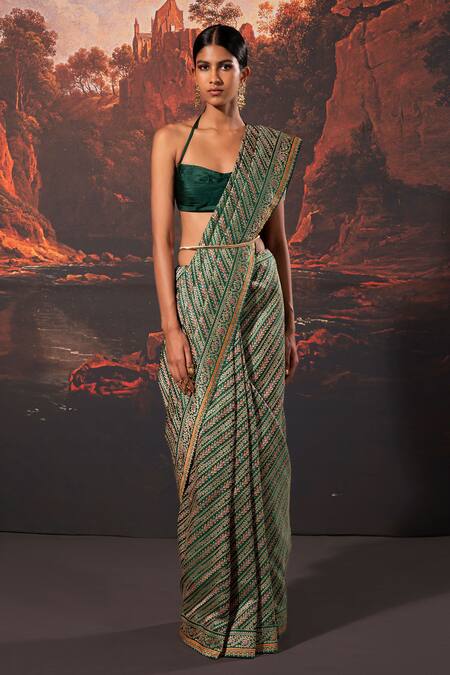 Ekaya Banaras_Green Silk Embroidery Floral Motif Banarasi Saree _Online_at_Aza_Fashions