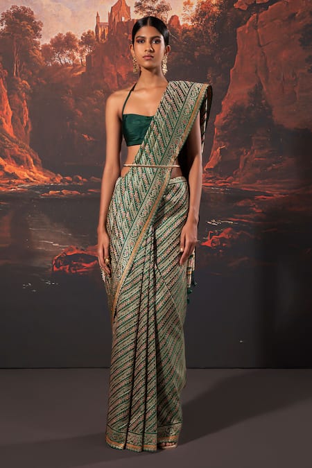 Ekaya Green Paisley Pattern Handwoven Saree With Unstitched Blouse Fabric  