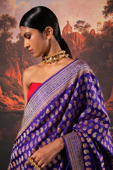 Ekaya Banaras_Purple Silk Floral Pattern Handwoven Saree With Unstitched Blouse Fabric _Online_at_Aza_Fashions