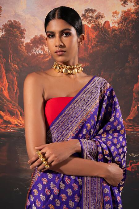 Buy_Ekaya Banaras_Purple Silk Floral Pattern Handwoven Saree With Unstitched Blouse Fabric _Online_at_Aza_Fashions