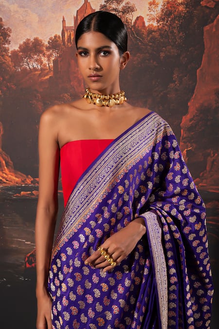 Shop_Ekaya Banaras_Purple Silk Floral Pattern Handwoven Saree With Unstitched Blouse Fabric _at_Aza_Fashions