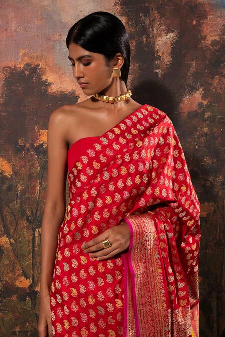 Ekaya Banaras Red Silk Embroidery Handwoven Saree With Unstitched Blouse Piece Online at Aza Fashions Ekaya Banaras_Red Silk Embroidery Handwoven Saree With Unstitched Blouse Piece _Online_at_Aza_Fashions