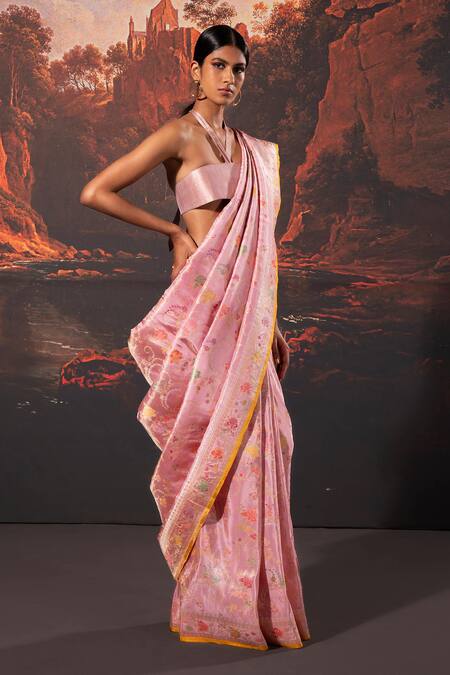 Ekaya Banaras_Pink Tissue Embroidery Handwoven Saree With Unstitched Blouse Fabric _Online_at_Aza_Fashions