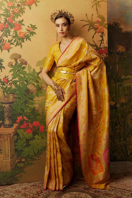 Ekaya Yellow Tissue Banarasi Handwoven Saree With Unstitched Blouse Fabric  