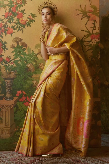 Shop_Ekaya Banaras_Yellow Tissue Embroidery Handwoven Saree With Unstitched Blouse Fabric _at_Aza_Fashions