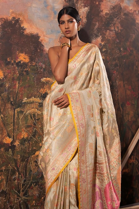 Shop_Ekaya Banaras_Green Tissue Floral Motifs Handwoven Saree With Unstitched Blouse Fabric _at_Aza_Fashions