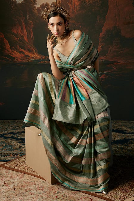 Shop_Ekaya Banaras_Blue Silk Embroidery Floral Work Handwoven Saree With Unstitched Blouse Fabric _at_Aza_Fashions