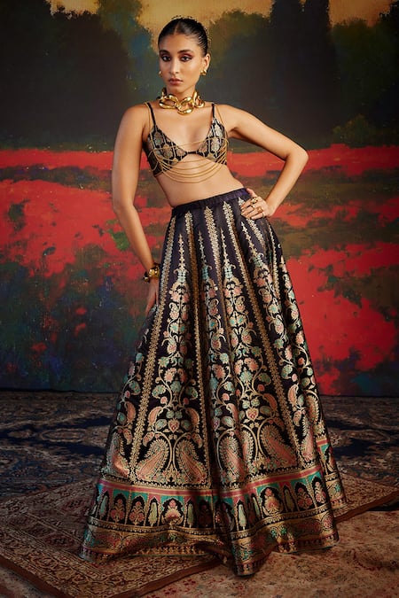 Ekaya Blue Paisley Motifs Work Handwoven Silk Lehenga