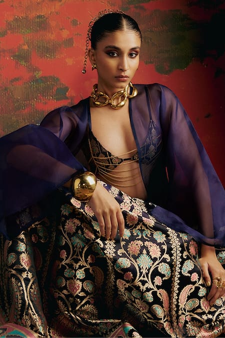 Shop_Ekaya Banaras_Blue Silk Embroidery Paisley Motifs Work Handwoven Lehenga _at_Aza_Fashions