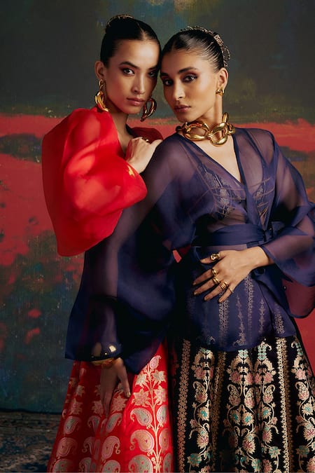 Ekaya Banaras_Blue Silk Embroidery Paisley Motifs Work Handwoven Lehenga _Online_at_Aza_Fashions