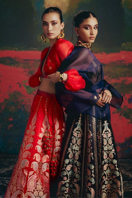 Buy_Ekaya Banaras_Blue Silk Embroidery Paisley Motifs Work Handwoven Lehenga _Online_at_Aza_Fashions