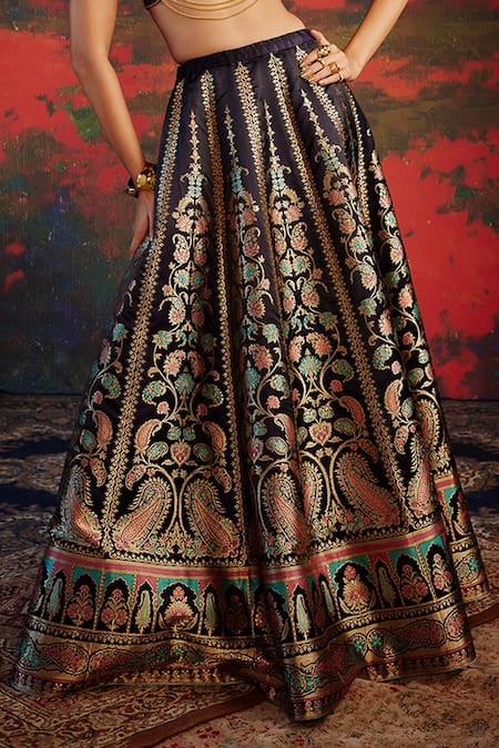 Shop_Ekaya Banaras_Blue Silk Embroidery Paisley Motifs Work Handwoven Lehenga _Online_at_Aza_Fashions