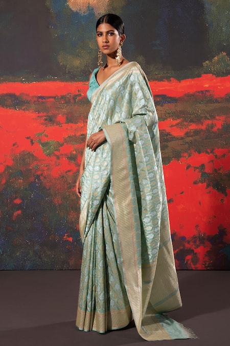 Shop_Ekaya Banaras_Blue Silk Embroidery Handwoven Banarasi Saree With Unstitched Blouse Fabric _at_Aza_Fashions