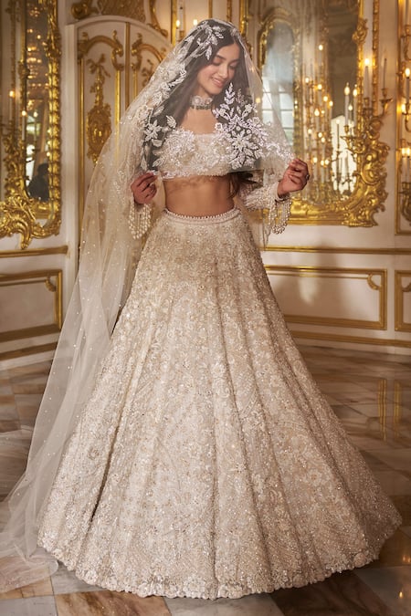 Buy Seema Gujral Ivory Organza Embroidery, Pearls, Crystals Floral Blouse Bridal Lehenga Set Buy_Seema Gujral_Ivory Organza Embroidery, Pearls, Crystals Floral Blouse Bridal Lehenga Set